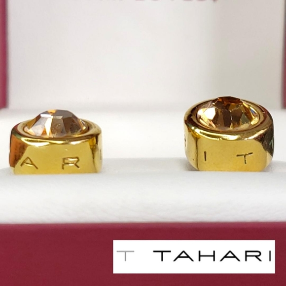 T TAHARI Logo Gold Tone Topaz Round Shaped Post Earrings - Picture 8 of 13